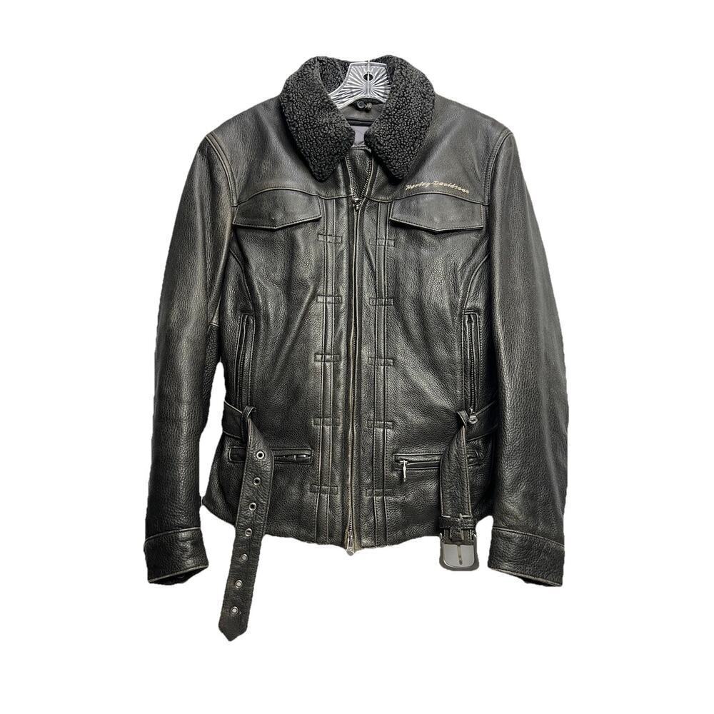 Harley Davidson Black Moto Leather Jacket Sherpa Collar Removable Liner Womens M